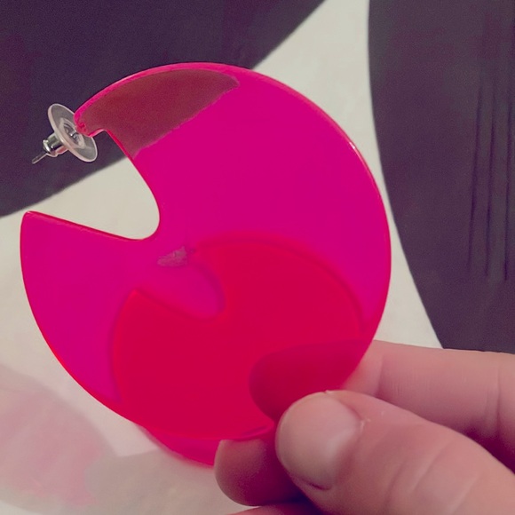 Translucent Neon Pink Color Block Statement Earrings - Picture 3 of 6